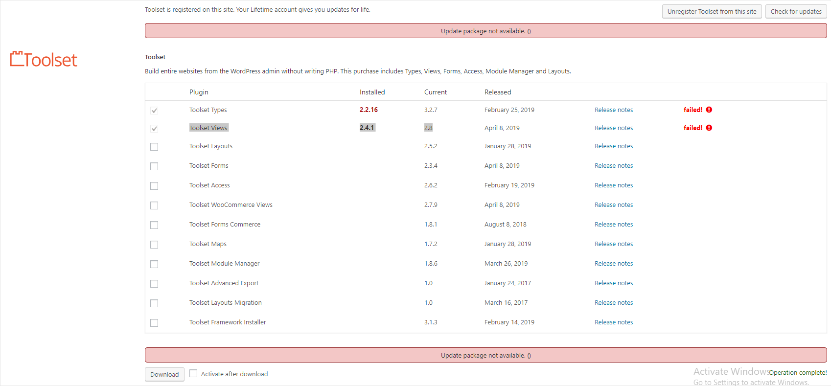 Unable To Update Views Types Returns Error Update Package Not 