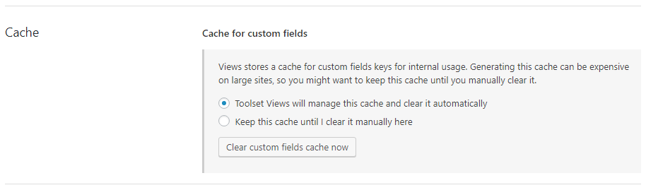 Views cache options on the Toolset Settings page
