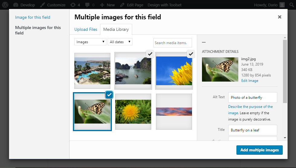Using the native media manager to upload multiple images and set their metadata