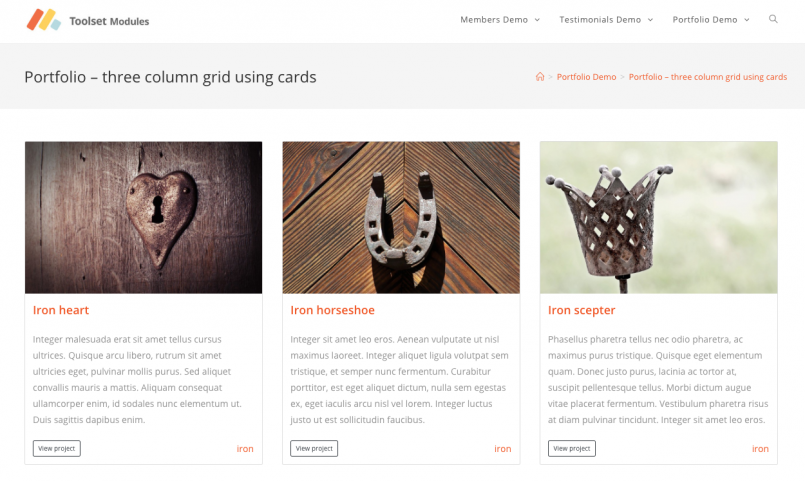 A View listing portfolio items that uses Bootstrap card classes