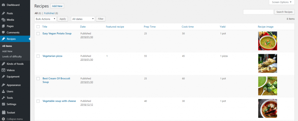 List of Recipes custom posts
