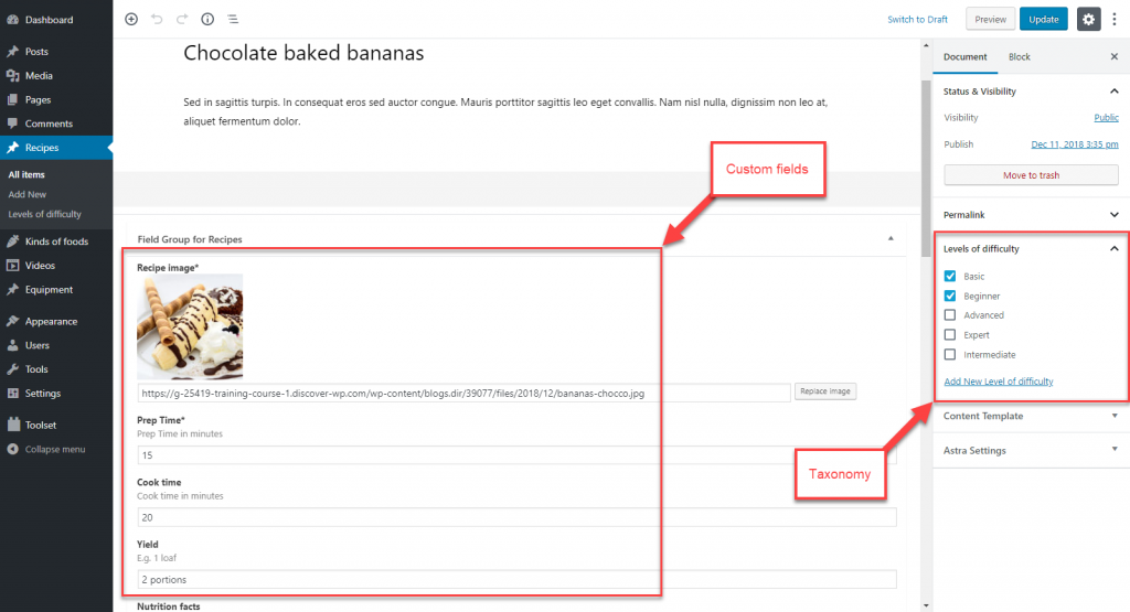 Example of editing a custom Recipe post that has custom fields and taxonomy