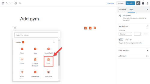 Inserting a Toolset Form block into a page