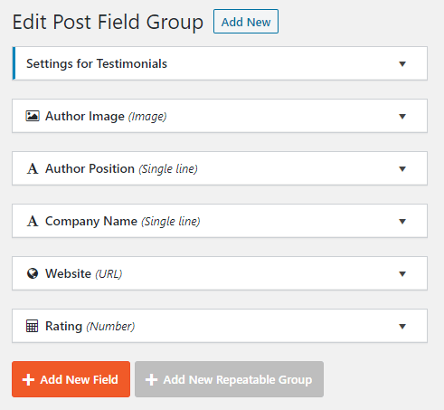 List of custom fields for testimonials CPT to be set up in Toolset