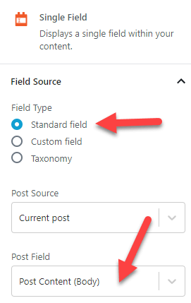 Single field settings for the Post Content