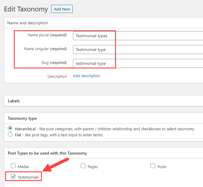 Setup New Custom Taxonomy: Testimonial types