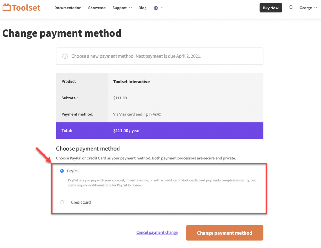 How to change your payment method Toolset
