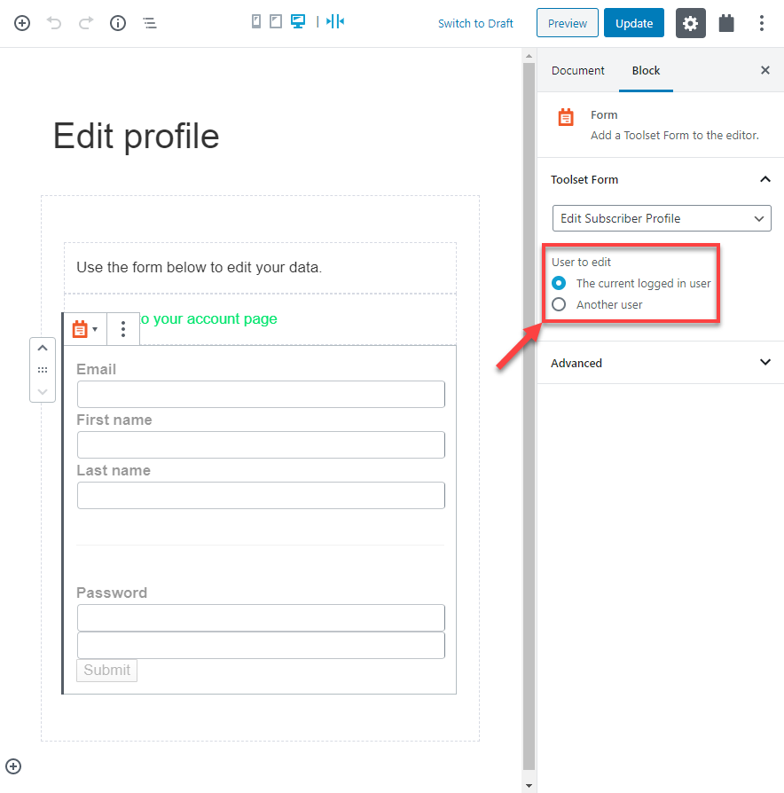 Using forms create an “Edit your profile” page WordPress - Toolset