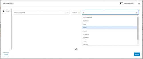 Dialog for setting up a conditional display for a Content Template