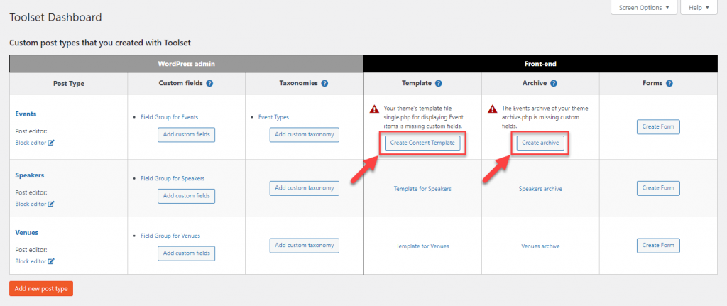 Creating a template or archive using the Toolset Dashboard page