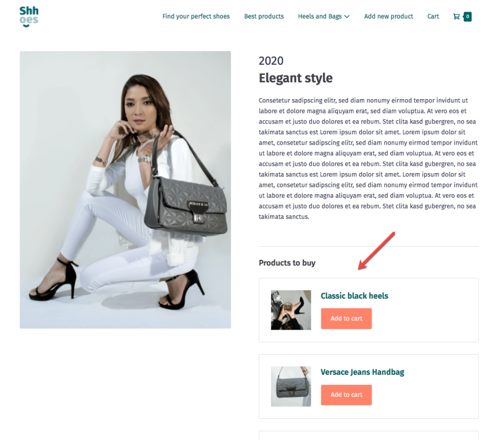 A single Outfit post displaying related WooCommerce products
